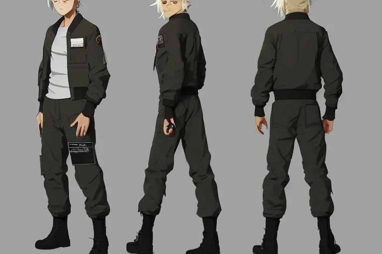 Prompt: character sheet of handsome young man wearing ma - 1 flight suit jacket and work pants, blonde hair, by greg rutkowski and studio ghibli, digital art, trending on artstation, highly detailed, concept art, beautiful, masterpiece