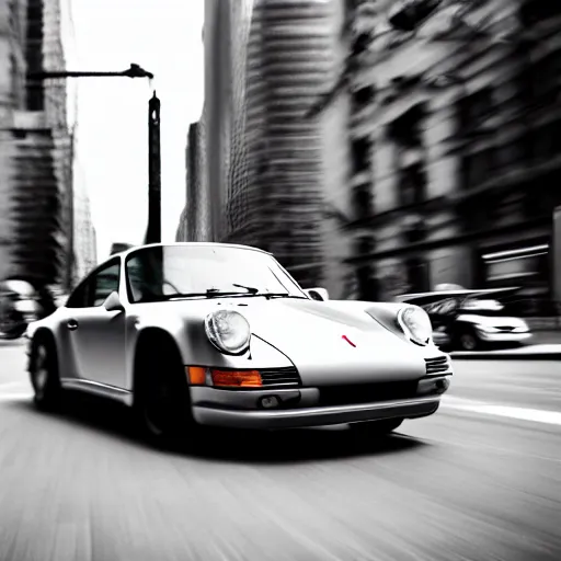 Image similar to photo of a porsche 9 1 1 9 6 4 speeding through nyc, cinematic, motion blur, shallow dof, 3 5 mm, heli shot, macro