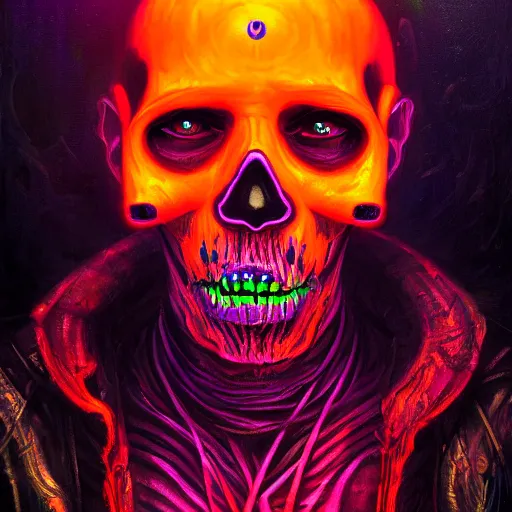 Image similar to a death tarot featuring a haitian voodoo priest with menacing eyes, blacklight neon colors, by anton semenov and android jones in cyberpunk voodoo style, oil on canvas, 8k