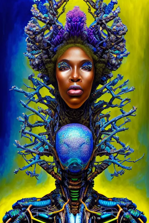 Image similar to hyperrealistic maximalist super expressive! black woman with exoskeleton armor, merging with tree in a forest, highly detailed digital painting masterpiece smooth cam de leon hannah yata dramatic pearlescent blue yellow light ground angle hd 8k sharp focus