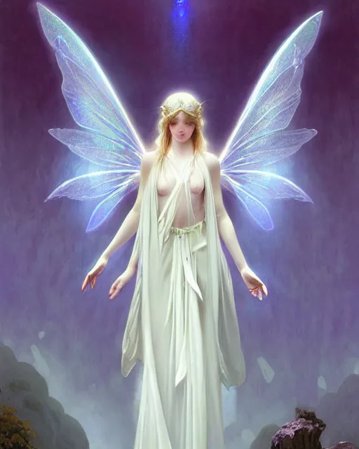 Image similar to portrait of a ethereal magical young winged fairy princess wearing a white robe, d & d, fantasy, intricate, rim light, volumetric lighting, dark souls, elegant, highly detailed, digital painting, artstation, concept art, smooth, sharp focus, illustration, art by greg rutkowski, maxfield parrish and alphonse mucha, new art nouveau, tarot card