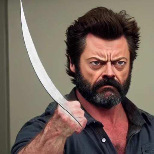 Prompt: logan wolverine with claws off his wrist as nick offerman, photorealistic mervel movie still, detailed, 8 k