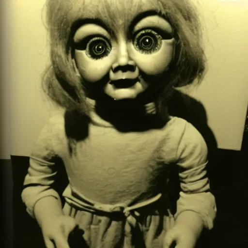 Image similar to a creepy doll with an unnatural smile from a horror movie, it is deformed and is staring at the camera from the end of a dark liminal hallway. caught on vhs, film grain, flashlight lighting,