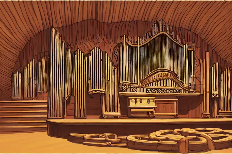 Image similar to A cell animation of a magical pipe organ made of wood, Miyazaki Hayao, ghibli style, illustration, anime, trending on artstaion