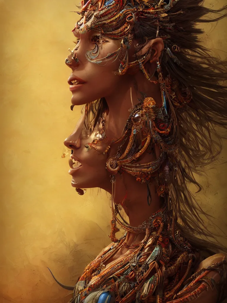 Image similar to a centered render of an alluring tribal goddess, full body, gorgeous face, perfect face, powerful, by android jones, by ellen jewett 3 d, trending on artstation, octane render, 8 k