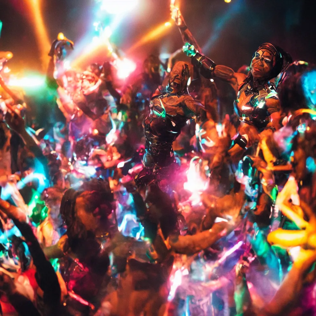 Prompt: a photo of cyborg dancing in a rave party