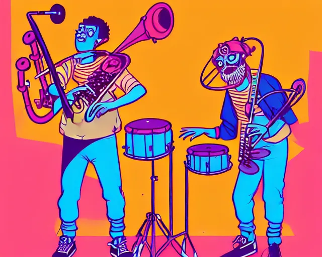 Image similar to a study of cell shaded cartoon of a two man band playing a synthesizer and drums, loud colors, post grunge, concept art by josan gonzales and wlop, by james jean, Victo ngai, David Rubín, Mike Mignola, Laurie Greasley, highly detailed, sharp focus, Trending on Artstation, HQ, deviantart, art by artgem