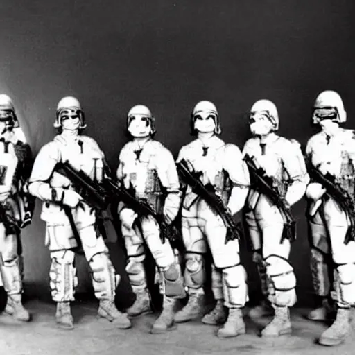 Image similar to a squad of futuristic soldiers posing for a group photo in a spaceship