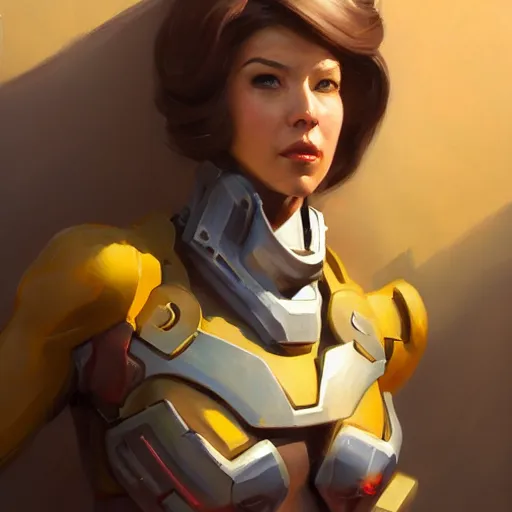 Image similar to greg manchess portrait painting of a female ironman as overwatch character, medium shot, asymmetrical, profile picture, organic painting, sunny day, matte painting, bold shapes, hard edges, street art, trending on artstation, by huang guangjian, gil elvgren, ruan jia, greg rutkowski, gaston bussiere