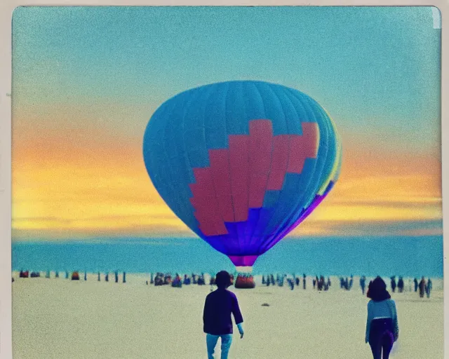 Prompt: a couple walks on the beach, thousands of multicolored hot air balloons float in the sky, violet and yellow sunset, polaroid photo, whimsical and psychedelic, 1 9 6 0 s, grainy, expired film, glitched