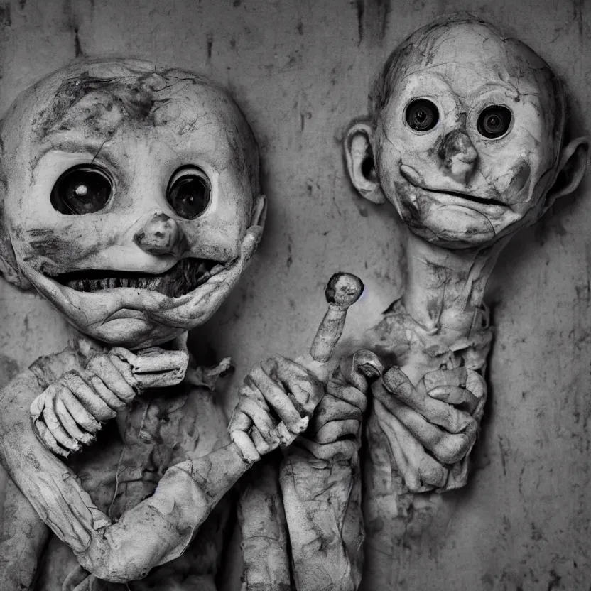 Image similar to creepy ventriloquist dummy in the style of roger ballen, 4 k, bw, portrait