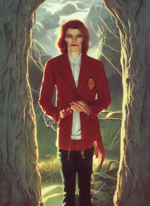 Image similar to twin peaks poster art, david bowie trapped at the gates, old retro pulp, by michael whelan, rossetti bouguereau, artgerm, retro, nostalgic, old fashioned