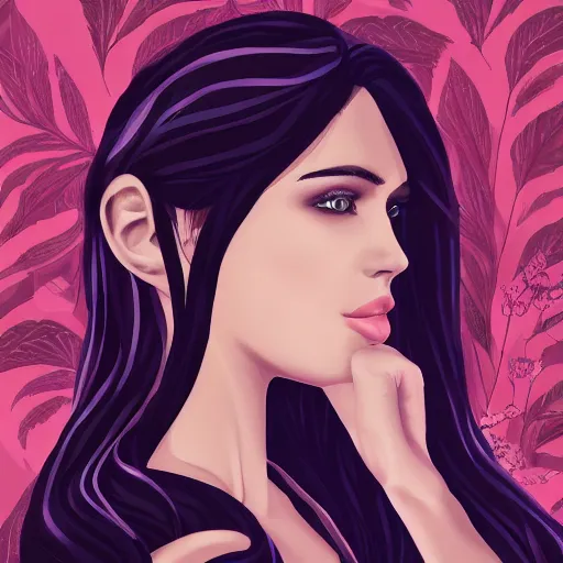 Prompt: pretty woman with pale skin, long black hair in a room full of beautiful plants, abstract, beautiful digital art trending on artstation