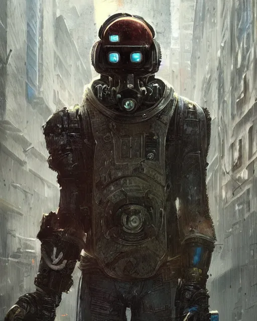 Prompt: a masked rugged super mario with cybernetic enhancements lost in the city, scifi character portrait by greg rutkowski, esuthio, craig mullins, 1 / 4 headshot, cinematic lighting, dystopian scifi gear, gloomy, profile picture, mechanical, half robot, implants, dieselpunk