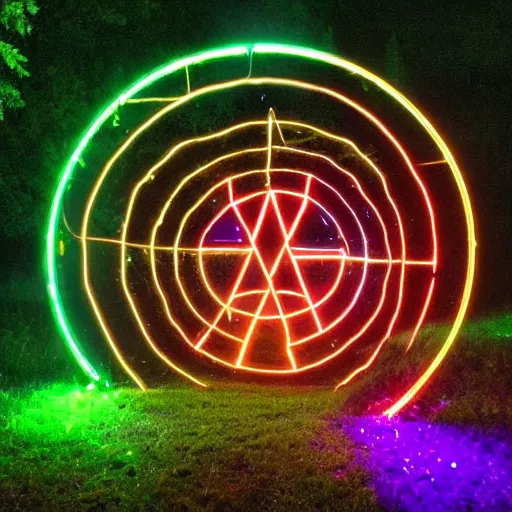 Image similar to a stargate made of neons and glowing runes in the middle of a green forest with a beam of light