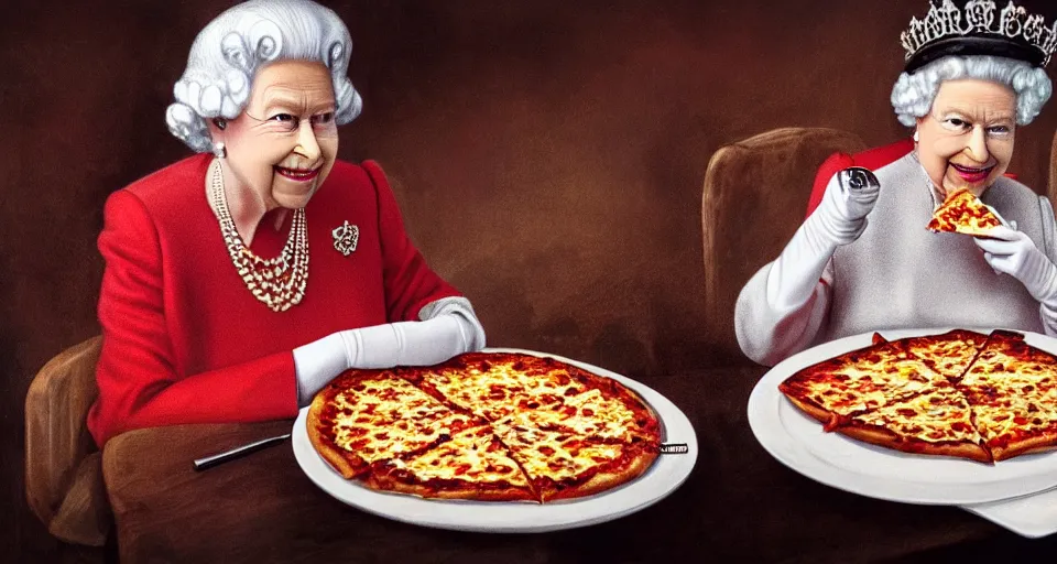 Image similar to the queen eating a pizza, 4k, photorealistic, hyper detailed