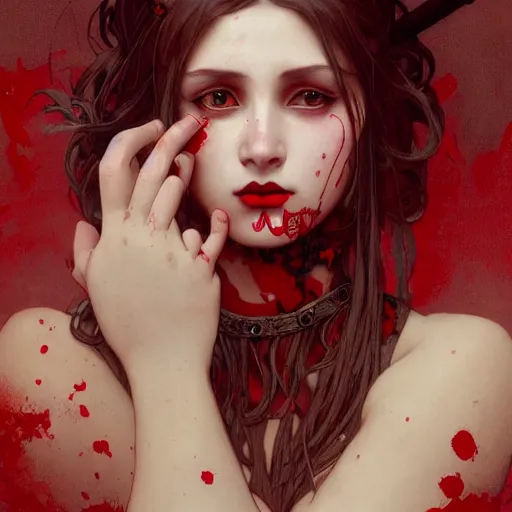 Image similar to goth girl covered in red paint, intricate, art by artgerm and greg rutkowski and alphonse mucha and william - adolphe bouguereau, high detailed, 4 k,