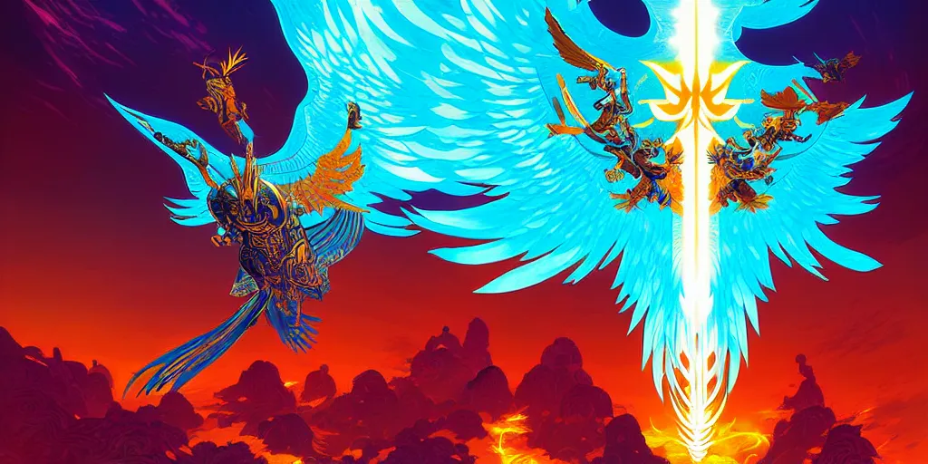 Image similar to guild wars 2, Phoenix, god rays, digital art, high detail by tristan eaton, victo ngai