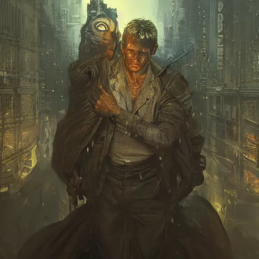 Image similar to man with the face of a Tiger blind at one eye in blade runner, D&D, fantasy, intricate, elegant, highly detailed, digital painting, artstation, concept art, smooth, sharp focus, illustration, art by artgerm and greg rutkowski and alphonse mucha