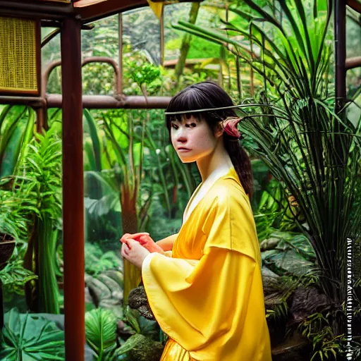 Image similar to photograph of an young woman wearing a yellow kimono in a tropical greenhouse, by james gurney, by john william waterhouse, Extremely detailed. 4K. 35mm lens