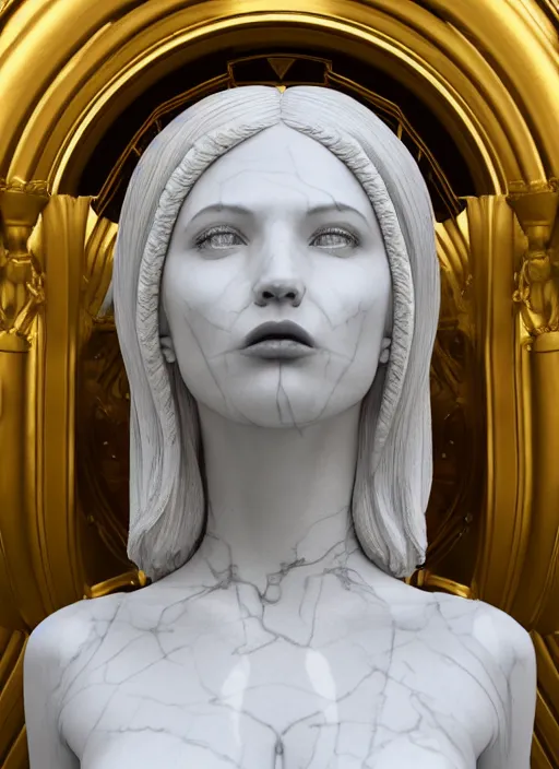 Image similar to a statue made of a gorgeous devil woman, made of white marble with gold veins, full body shot, perfect symmetrical body, perfect symmetrical face, black eyes, hyper realistic, hyper detailed, fujicolor superia photo, by johannen voss, by peter kemp, by monia merlo, by michelangelo, octane render, blender, 8 k