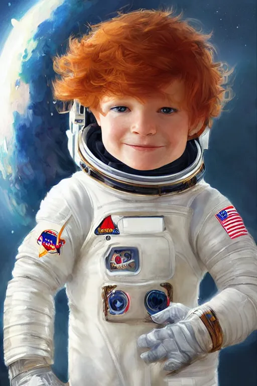 Prompt: a little boy with a michievous face and ginger hair. he is an astronaut, wearing a space suit. clean elegant painting, beautiful detailed face. by raymond swanland and artgerm and greg rutkowski