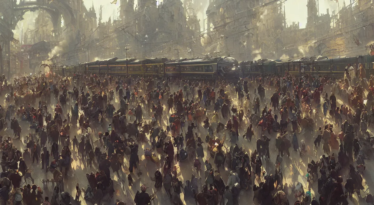 Image similar to subway mayhem as people rush to get on the steam train, highly detailed, digital painting, artstation, concept art, smooth, sharp focus, steampunk illustration, art by greg rutkowski and alphonse mucha