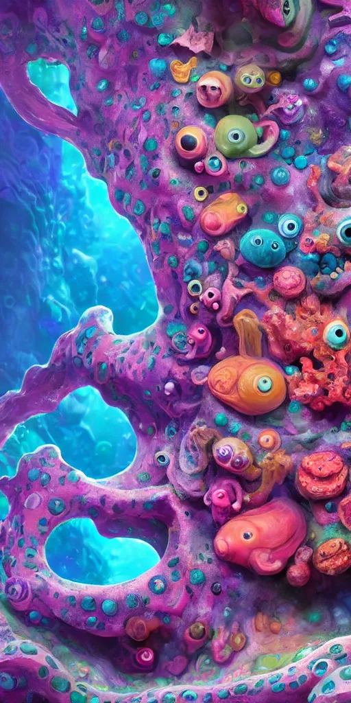 Image similar to of a colorful deep sea cave with strange cute friendly happy creatures with huge eyes, mouth, long tongue and round teeth appearing from sandy coral, in the style of gehry and gaudi, macro lens, shallow depth of field, ultra detailed, digital painting, trending artstation, concept art, illustration, cinematic lighting, photorealism, epic, octane render