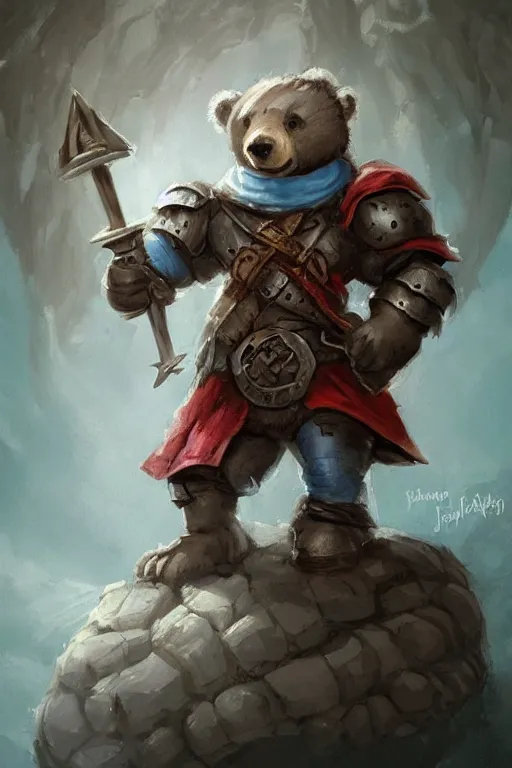 Image similar to cute little anthropomorphic bear knight wearing a cape and a crown, tiny, small, miniature bear, baby animal, short, pale blue armor, cute and adorable, pretty, beautiful, DnD character art portrait, matte fantasy painting, DeviantArt Artstation, by Jason Felix by Steve Argyle by Tyler Jacobson by Peter Mohrbacher, cinematic lighting