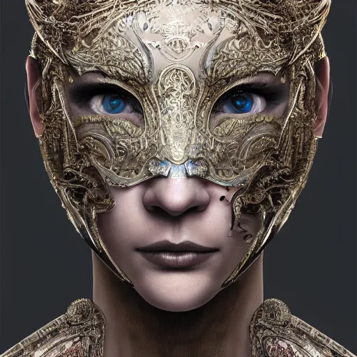 Prompt: Very very very very highly detailed epic photo of face with venetian mask, intricate, dystopian, sci-fi, extremely detailed, digital painting, artstation, concept art, smooth, sharp focus, illustration, intimidating lighting, incredible art by Artgerm