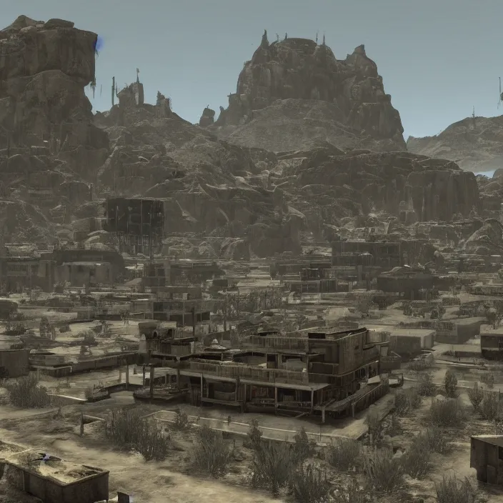 Prompt: a building in a serene landscape, fallout new vegas