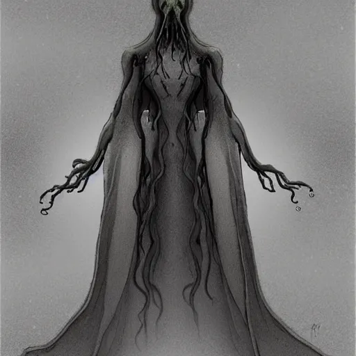 Image similar to concept designs for an ethereal ghostly wraith like figure made from electrical currents resembling a plasma lamp with a squid like parasite latched onto its head and long tentacle arms that flow lazily but gracefully at its sides like a cloak while it floats around a frozen rocky tundra in the snow searching for lost souls and that hides amongst the shadows in the trees, this character has hydrokinesis and electrokinesis for the resident evil village video game franchise with inspiration from the franchise Bloodborne and the mind flayer from stranger things on netflix in the style of a marvel comic