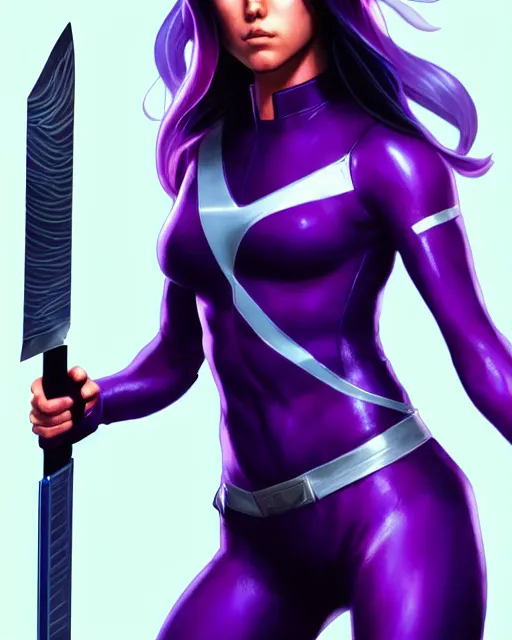 Image similar to Psylocke Chloe Bennet long hair, holding purple Halo energy sword, realistic character concept, action pose, comic book, illustration, slender symmetrical face and body, artstation, cinematic lighting, hyperdetailed, artgerm, 8k, Rafeal Albuquerque comic book art, single face, insanely detailed and intricate, beautiful