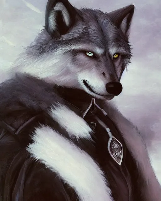 Image similar to a anthropomorphic wolf police officer with white fur. Renowned character illustration by by Edgar Maxence and Ross Tran