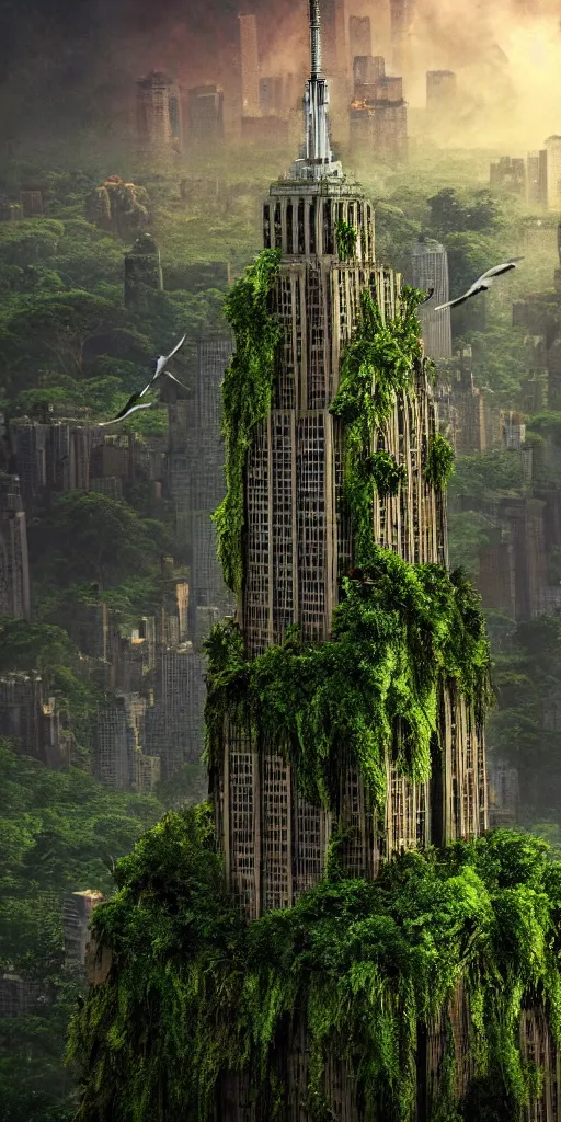 Prompt: an epic view of vines and moss growing on the empire state building, moss, jungle, with pterosaurs flying, close - up, low angle, wide angle, atmospheric, volumetric lighting, cinematic, 8 k hd, ray tracing, octane render, unreal engine, photorealistic, sharp, highly detailed digital art, movie concept art, in the style of craig mullins