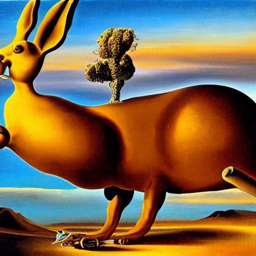 Image similar to dali surrealist painting of a giant golden rabbit in the middle of the desert