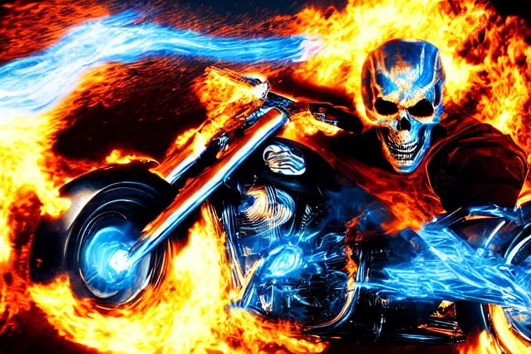 Image similar to Ghost Rider, blue flames, headshot photo, dramatic lighting, highly stylized, high-quality wallpaper, desktopography