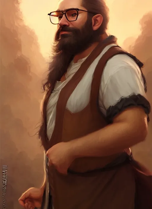 Prompt: a _ fantasy _ style _ portrait _ painting _ of chubby male glasses and wavy brown hair and beard, rpg dnd oil _ painting _ unreal _ 5 _ daz. _ rpg _ portrait _ extremely _ detailed _ artgerm _ greg _ rutkowski _ greg