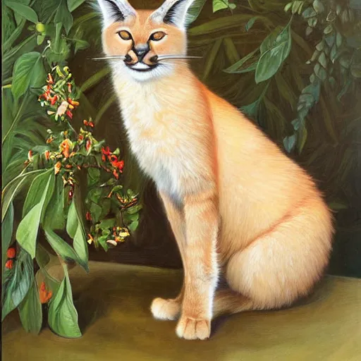 Image similar to fullbody portrait of cute fluffy caracal, wearing laurel wreath on his head, illustration, high detail, francine van hove