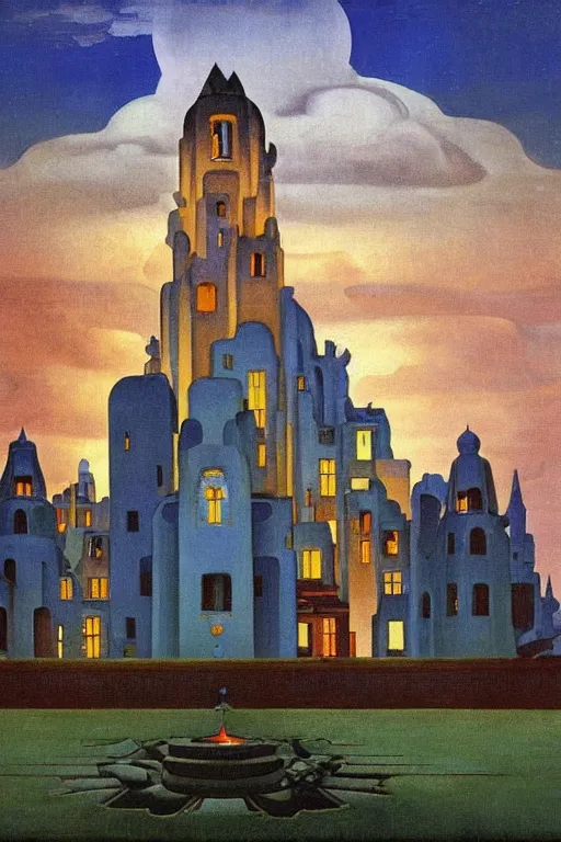 Prompt: view of the mysterious blue tower in its gardens after a storm, tall windows lit up, beautiful ornamental architecture, dramatic cinematic lighting, rich colors, by Nicholas Roerich and William Dyce and April Gornik and Sylvain Sarrailh and Ludwig Deutsch and Diego Rivera