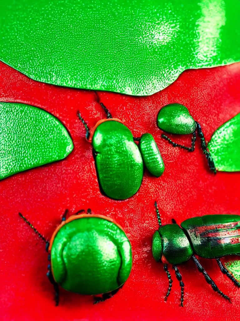 Prompt: subsurface scattering. close - up shot of a beautiful red white and green beetle. insect eyes. complementary color scheme. studio photography high quality highly detailed award winning photograph by national geographic. lynda benglis soft volumetric light, smooth gradient.