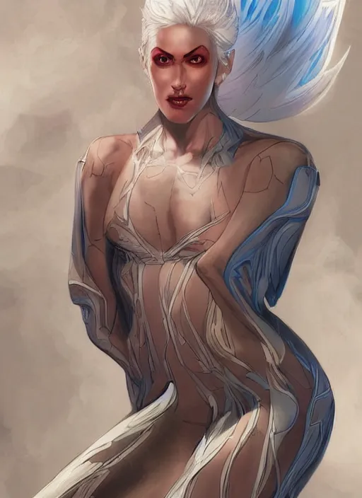 Image similar to comic art, a gorgeous beautiful female with white hair long legs standing at a dimensional gateway,full character design,8k,art by Stanley Artgermm,Travis Charest,trending on Artstation,face enhance,hyper detailed,full of colour,cinematic,dynamic lighting