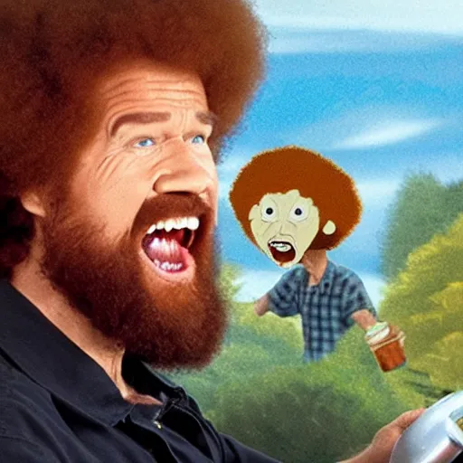 Image similar to a screaming angry bob ross in rear view mirror