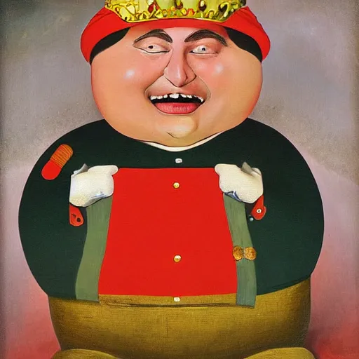 Prompt: a deliriously happy king Eric Cartman, portrait oil painting by Otto Dix, oil on canvas (1921)