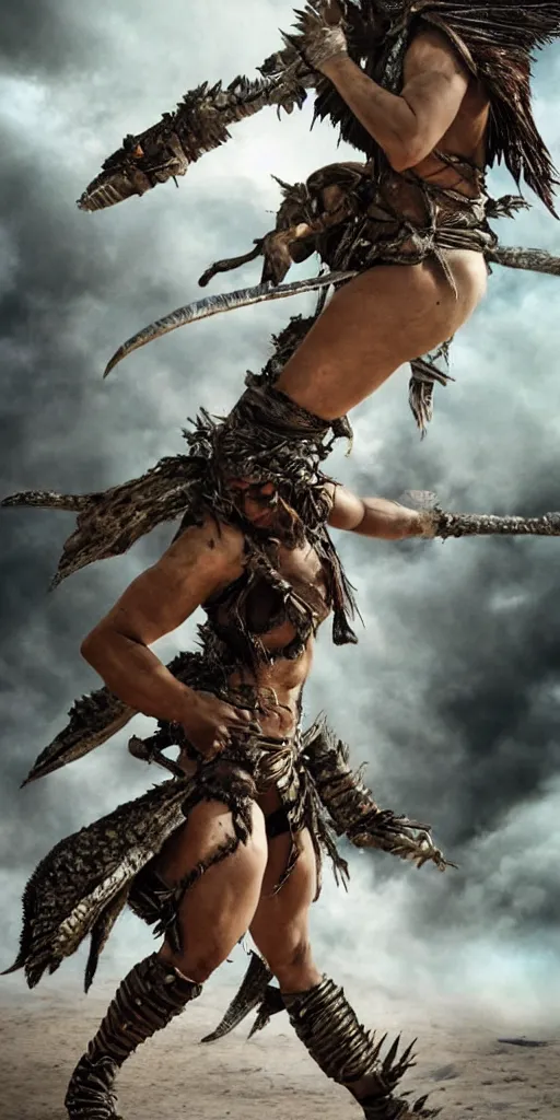 Image similar to fighting in air shaman tribeswoman, destroyed armor parts fly away, inspired by monster hunter, low shot, muscular body, symmetrical face, clean face, subtle make up, destruction around her, frozen time,dramatic lighting, cinematic, establishing shot, extremely high detail, photorealistic, 300 the movie,monster hunter the movie, dune the movie, cinematic lighting, artstation, octane render, western,old photo, vintage