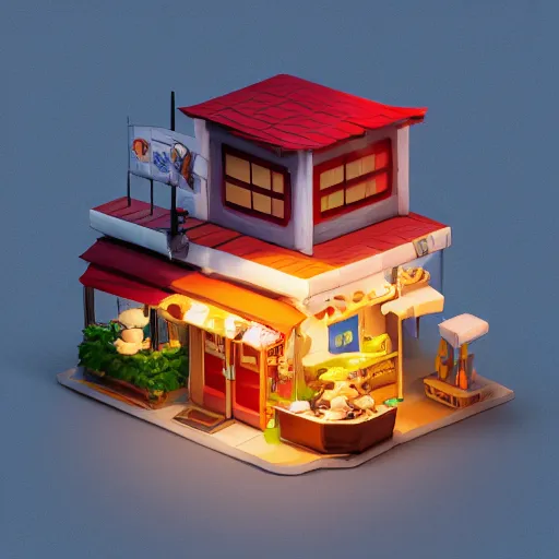 Prompt: outside view of cute miniature 3 d ramen shop, goro fujita, studio gibli, hayao miyazaki, clean, low poly art, very detailed, isometric view, trending on artstation, global illumination, 2 stools