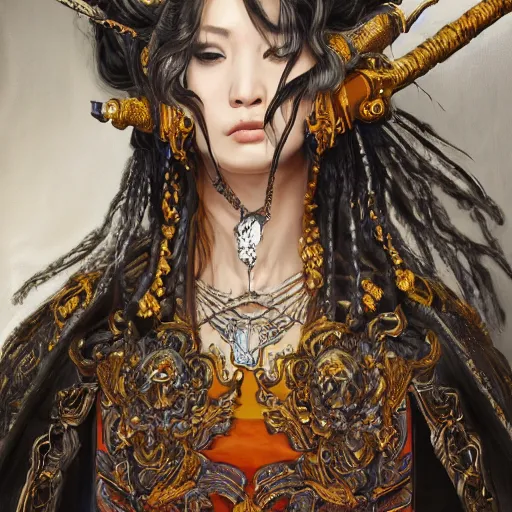 Prompt: portrait, headshot, insanely nice professional hair style, dramatic hair color, digital painting, of a old 17th century, old cyborg merchant, amber jewels, Chinese Three Kingdoms, baroque, ornate clothing, scifi, realistic, hyperdetailed, chiaroscuro, concept art, art by Franz Hals and Jon Foster and Ayami Kojima and Amano and Karol Bak,