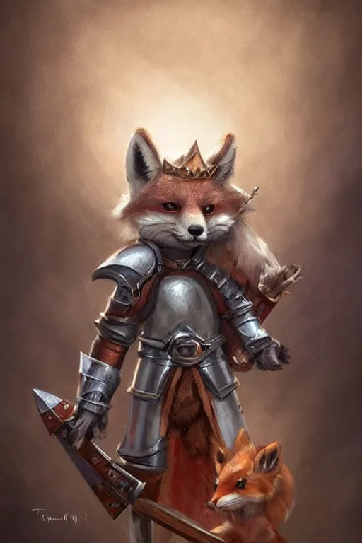 Image similar to cute little anthropomorphic foxy knight wearing a cape and a crown, tiny, small, miniature fox, baby animal, short, pale blue armor, cute and adorable, pretty, beautiful, DnD character art portrait, matte fantasy painting, DeviantArt Artstation, by Jason Felix by Steve Argyle by Tyler Jacobson by Peter Mohrbacher, cinematic lighting