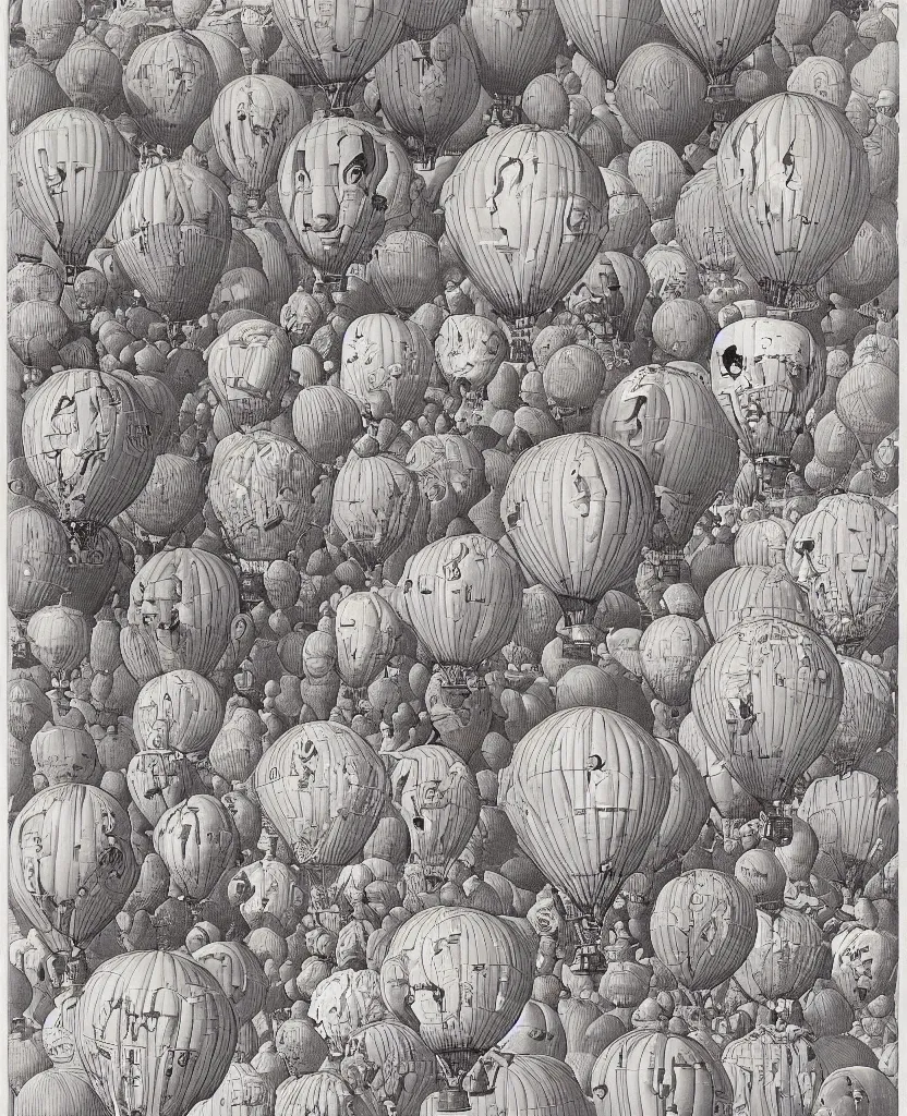 Prompt: human heads as hot air balloons illustration by salvador dali and moebius, intricately detailed