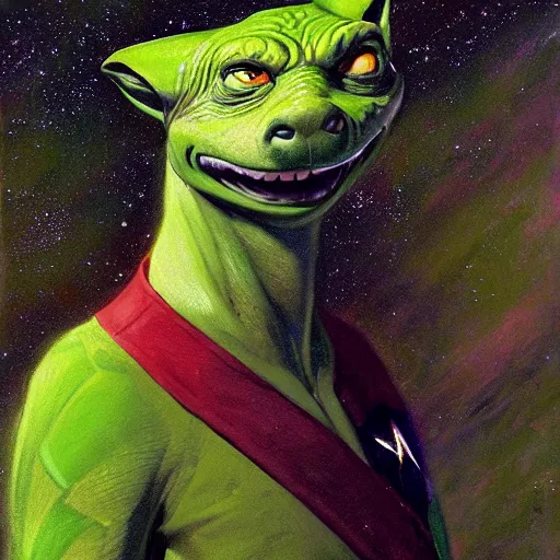 Image similar to a portrait of a male green reptile in star trek uniform at night in a dark forest. zootopia fursona furaffinity detailed face painting by gaston bussiere craig mullins jc leyendecker gustav klimt artgerm greg rutkowski